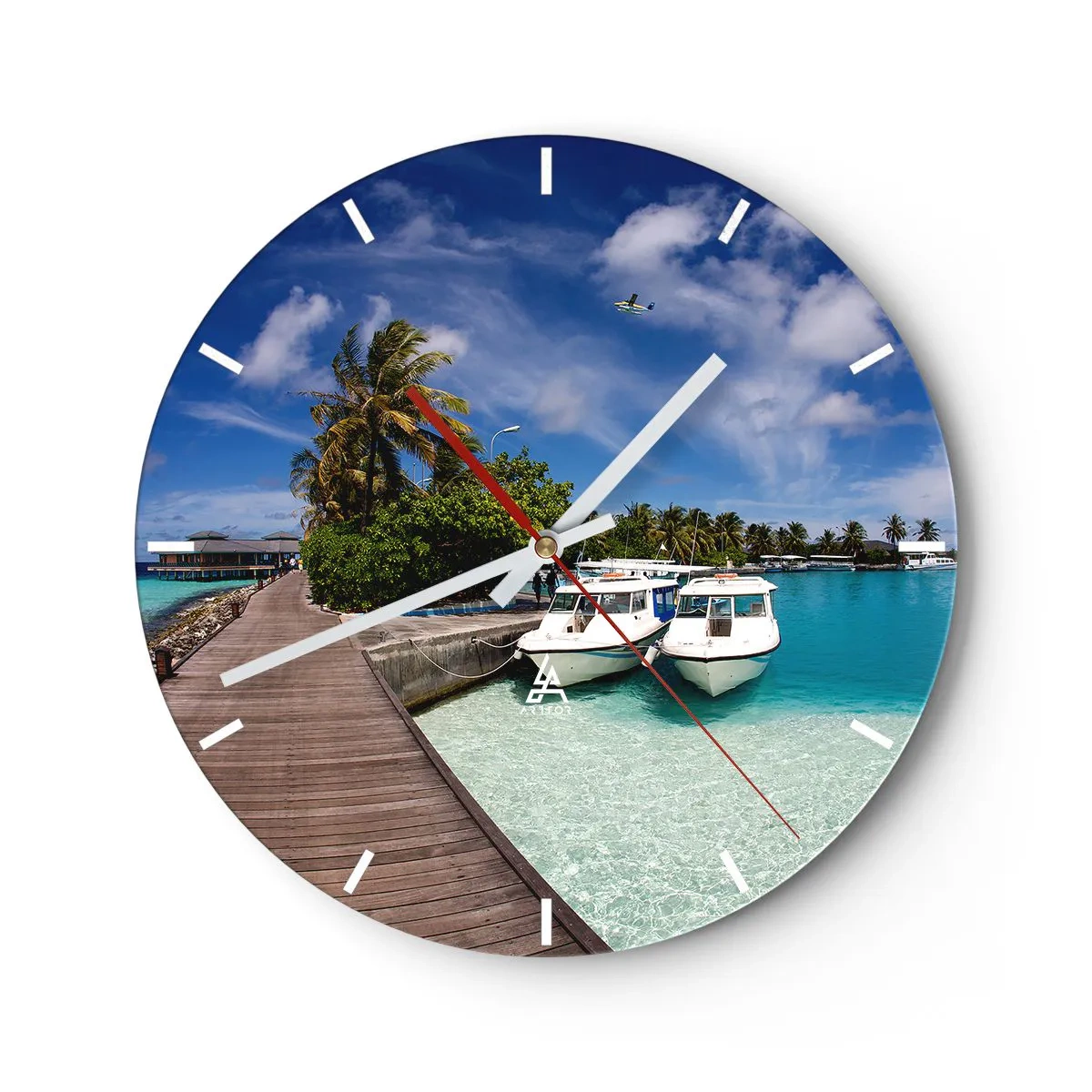 Wall clock - Clock on glass - Exotic view of the pier with boats and turquoise water - 30x30cm - So Paradise Exists - Modern wall decoration for the living room, kitchen, and bedroom ARTTOR