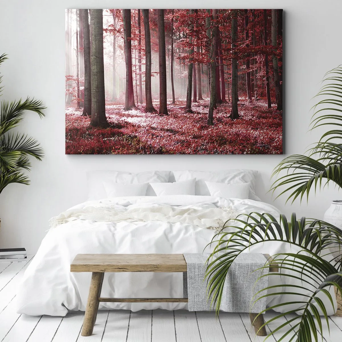 Canvas picture - A stunning forest in red hues with rays of light penetrating through the trees - 70x50cm - Red Equally Beautiful - Modern wall decoration for the living room and bedroom ARTTOR