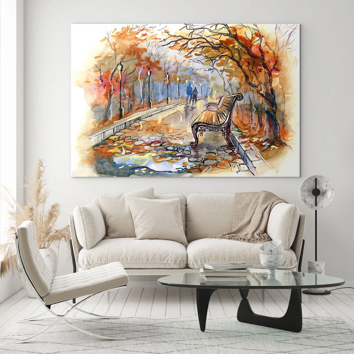 Glass picture - An autumn alley with a bench in an artistic watercolor style - 70x50cm - Walking together into Autumn - Modern wall decoration for the living room and bedroom ARTTOR