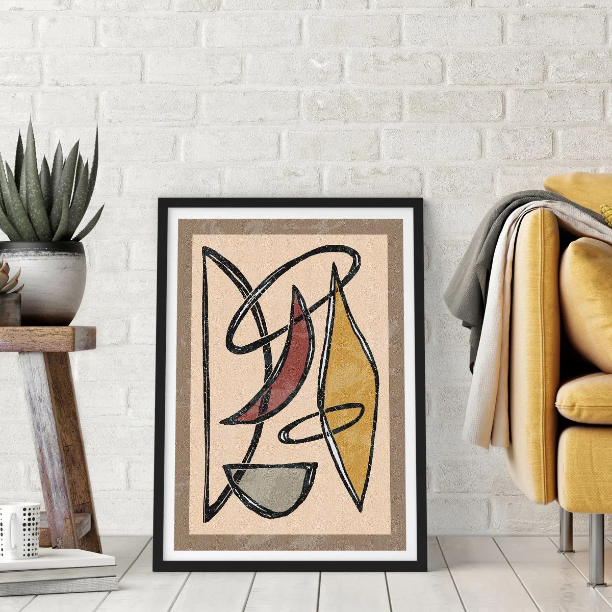 Poster in black frame - Abstract geometric composition in shades of beige and black - 50x70cm - Composition - Arches and Ovals - Modern wall decoration for the living room and bedroom ARTTOR