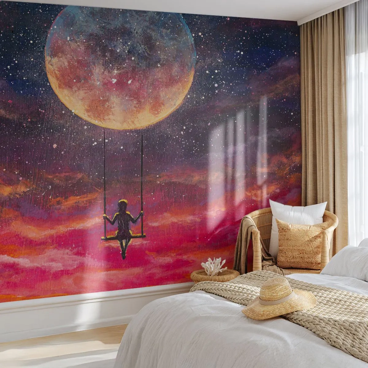 Photo Wallpaper Premium Canvas - Swinging in the Clouds - Abstraction, Fantasy, Moon - 250x175 cm