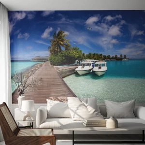 Photo Wallpaper Standard Eco - Tropical jetty over turquoise water with yachts - 100x70cm - So Paradise Exists - Modern wall decoration for the living room and bedroom ARTTOR