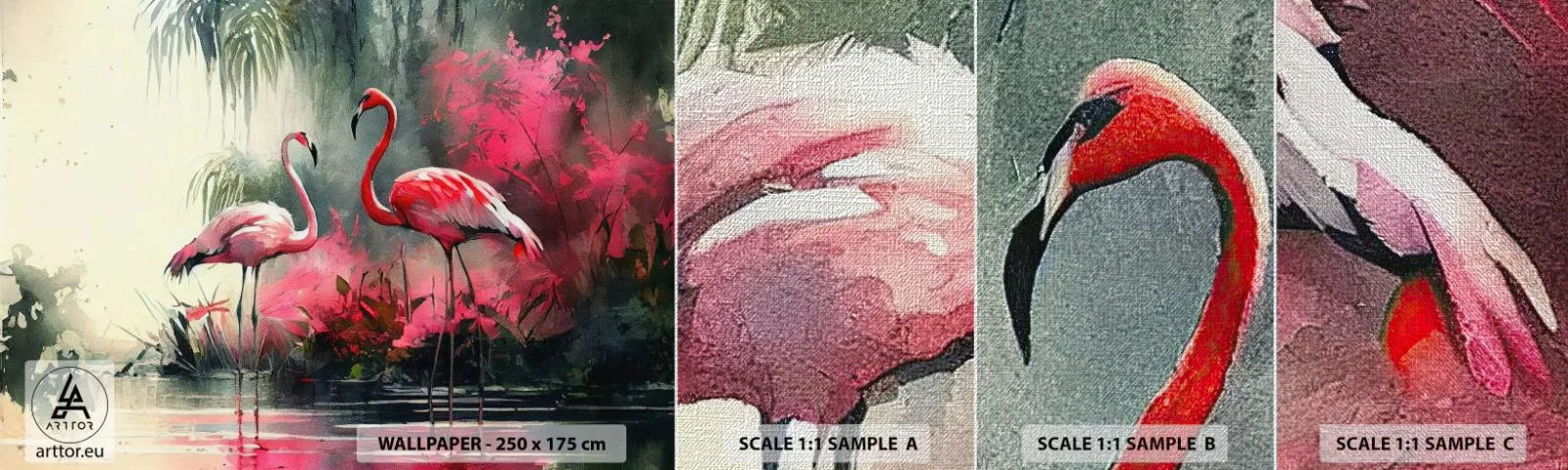Photo Wallpaper Sample Premium Canvas - Class of Natural Charm - Flamingos, Piece, Landscape - 100x30 cm