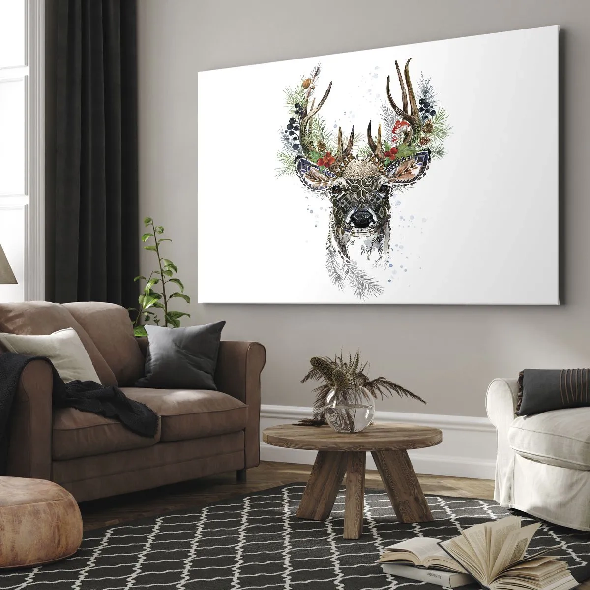 Canvas picture - Stylized deer with decorative antlers on a white background - 70x50cm - In Christmas Attire - Modern wall decoration for the living room and bedroom ARTTOR