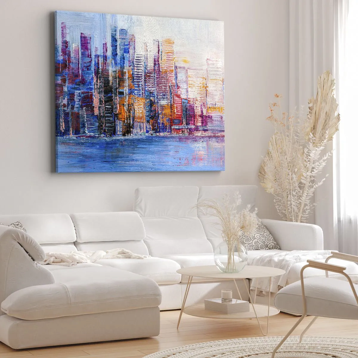 Canvas picture - A colorful panorama of the city with reflections on the water - 70x50cm - Joyful Metropolis - Modern wall decoration for the living room and bedroom ARTTOR