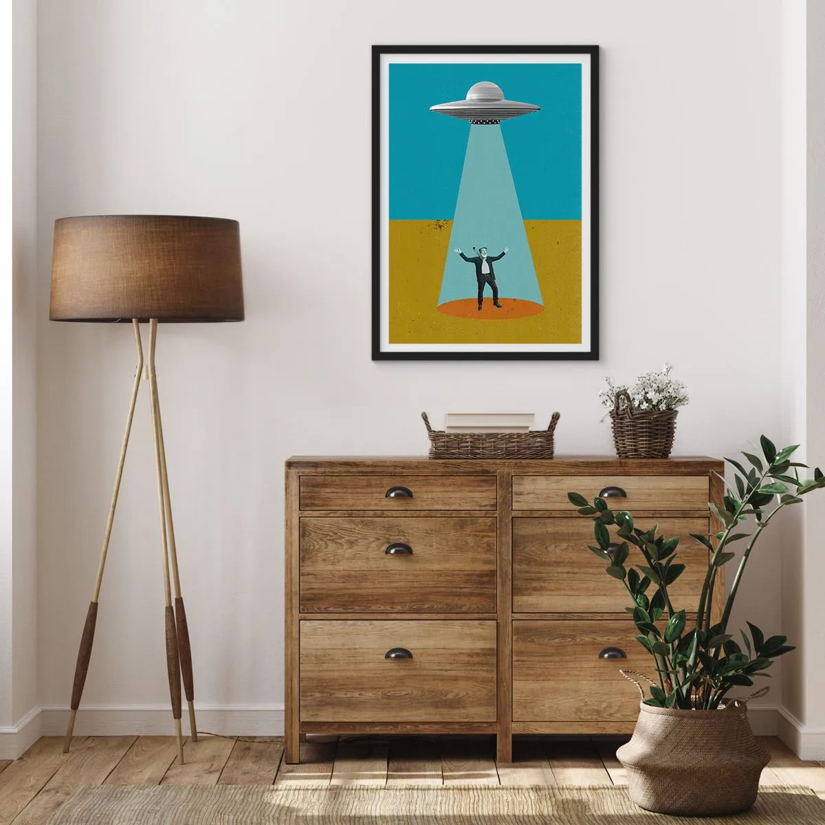 Poster in black frame - Retro illustration of a UFO abduction - 50x70cm - Close Encounter - Modern wall decoration for the living room and bedroom ARTTOR