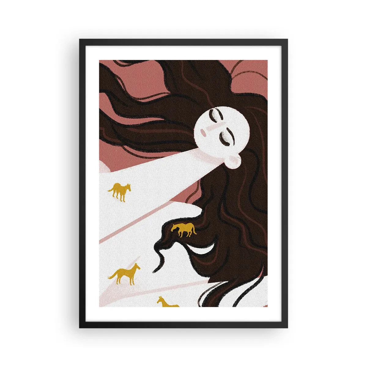 Poster in black frame - A dreamy woman with long hair and golden horses - 50x70cm - Dream of a Golden Horse - Modern wall decoration for the living room and bedroom ARTTOR