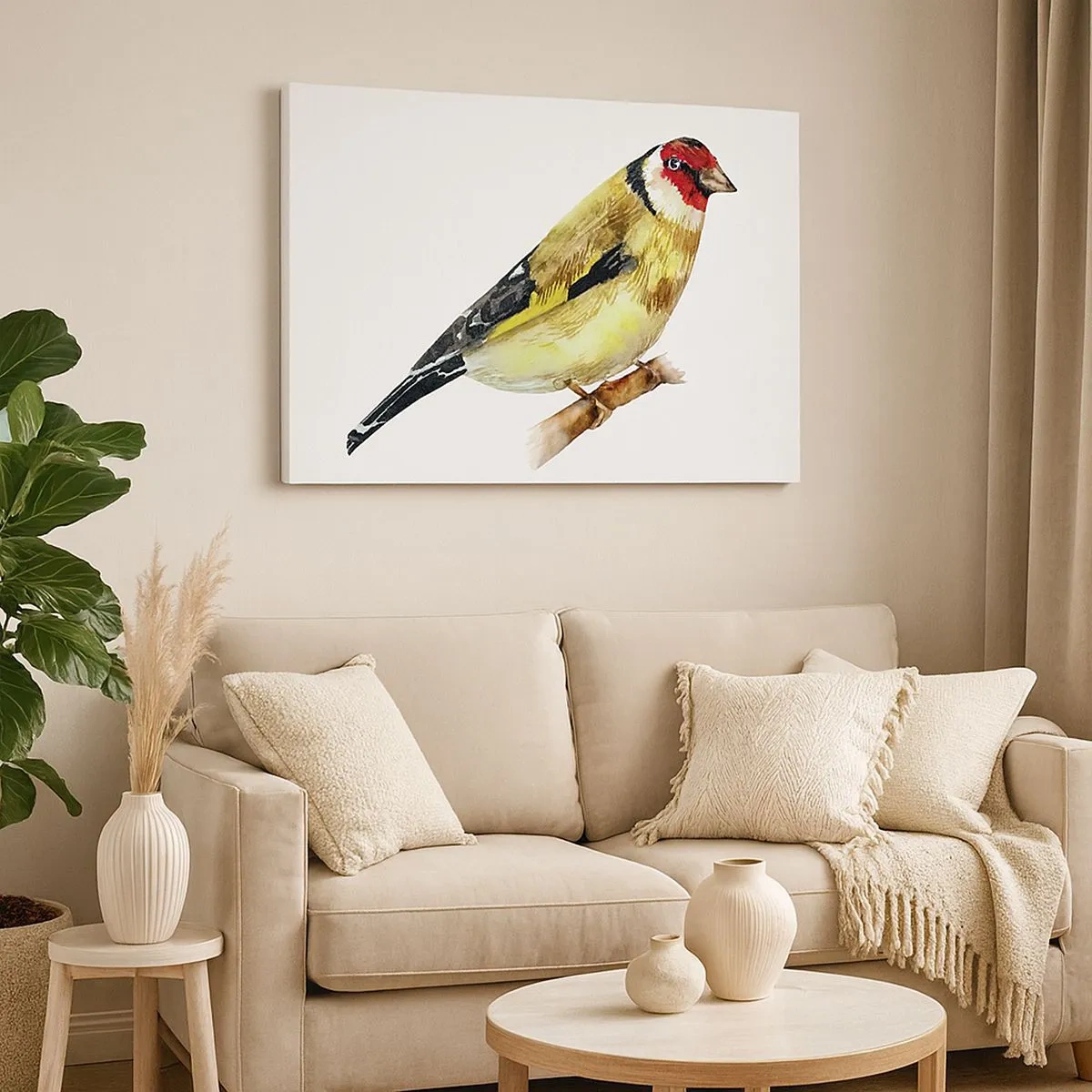 Canvas picture - A bird with a red head on a branch - 70x50cm - Bird Portrait  - Modern wall decoration for the living room and bedroom ARTTOR