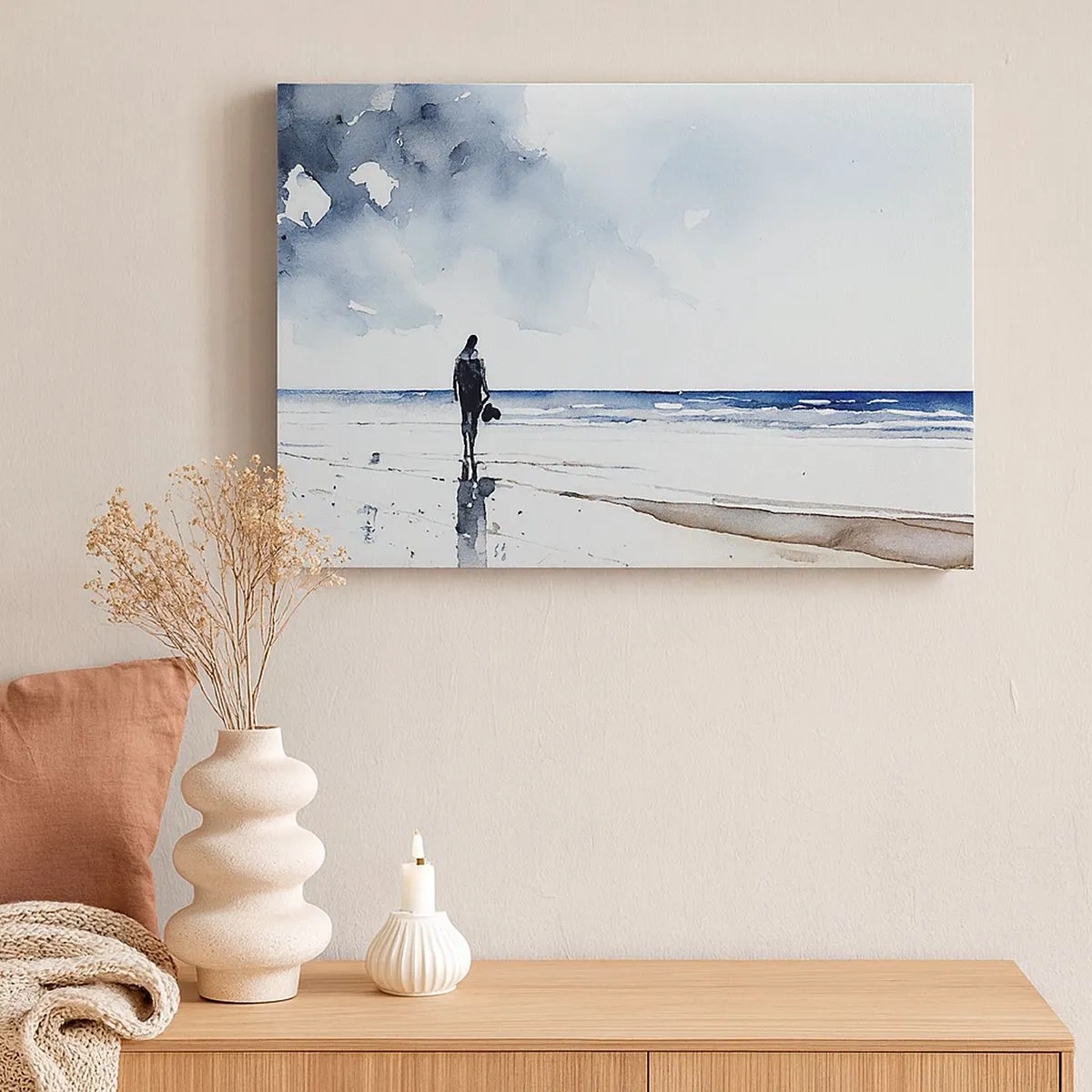 Canvas picture - A figure on a beach in a calm sea environment - 70x50cm - Conversation with the Sea - Modern wall decoration for the living room and bedroom ARTTOR