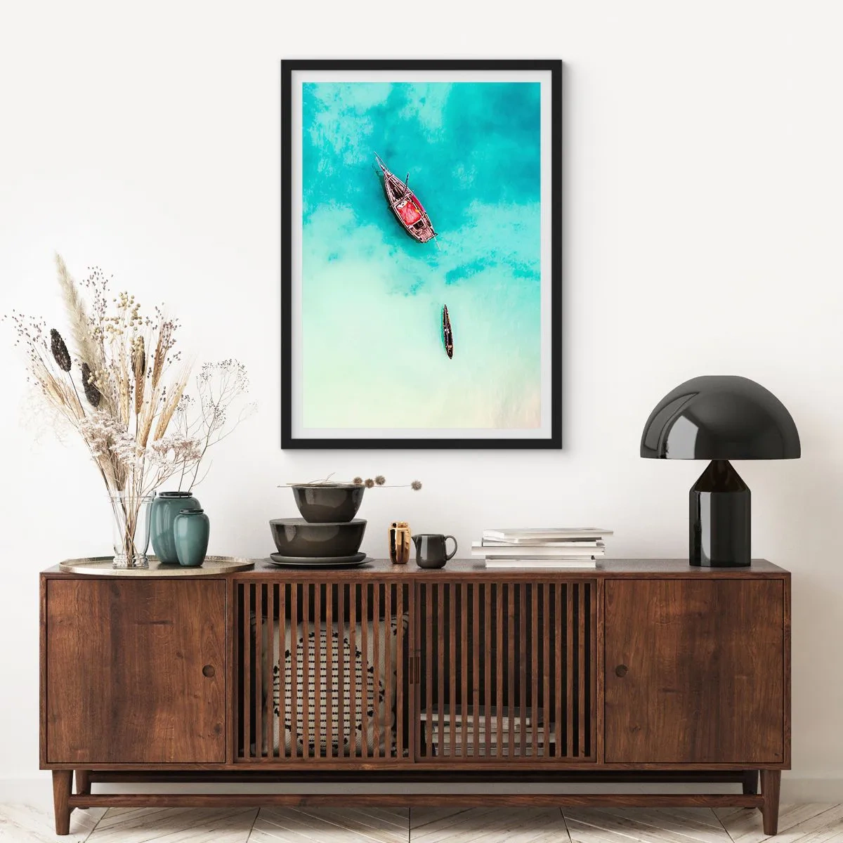 Poster in black frame - Boats on turquoise water seen from a bird's eye view - 50x70cm - On the Beaches of Zanzibar, When the Tide Is High - Modern wall decoration for the living room and bedroom ARTTOR