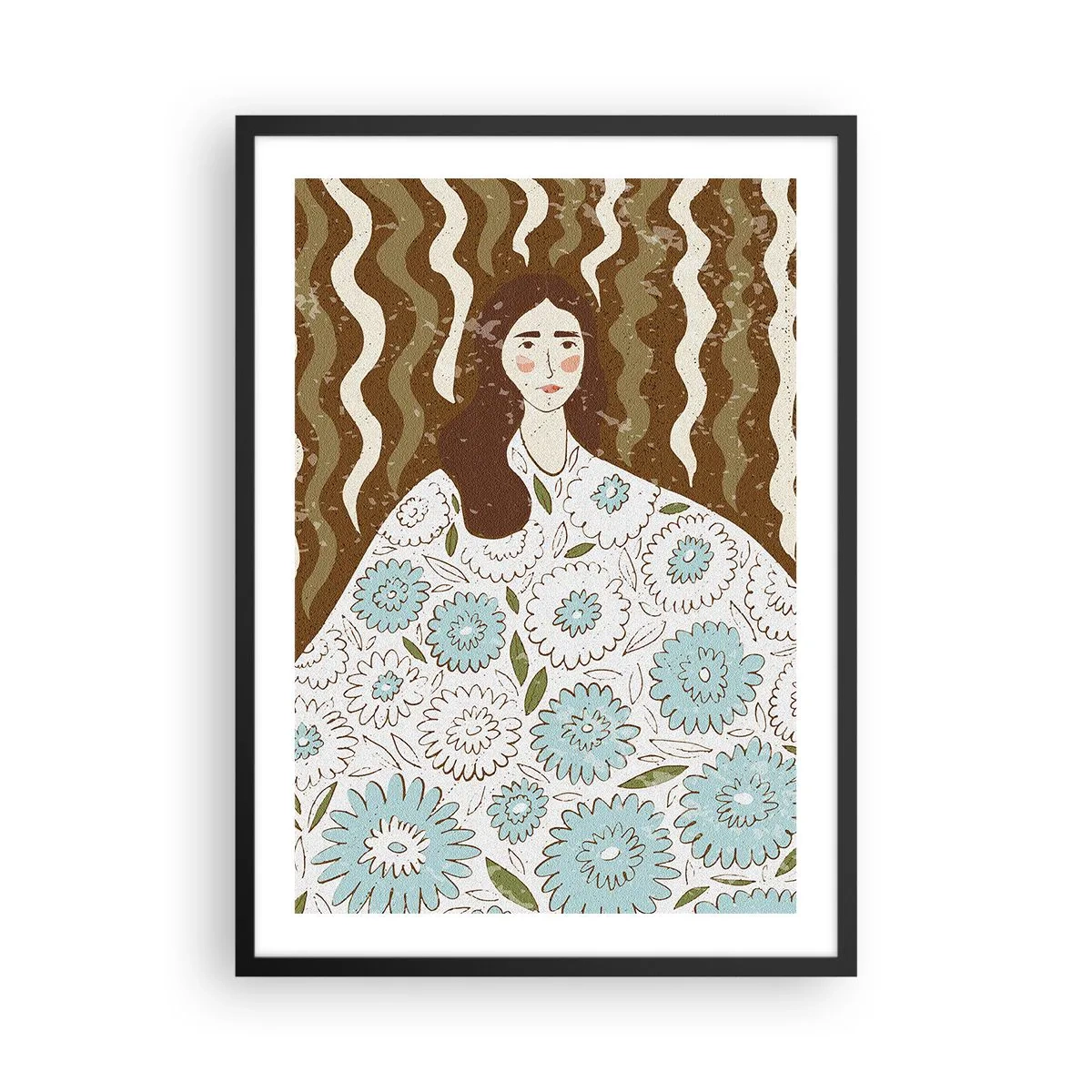 Poster in black frame - Stylized portrait of a woman in a floral dress against a background of wavy patterns. - 50x70cm - Portrait in a Flowery Robe - Modern wall decoration for the living room and bedroom ARTTOR
