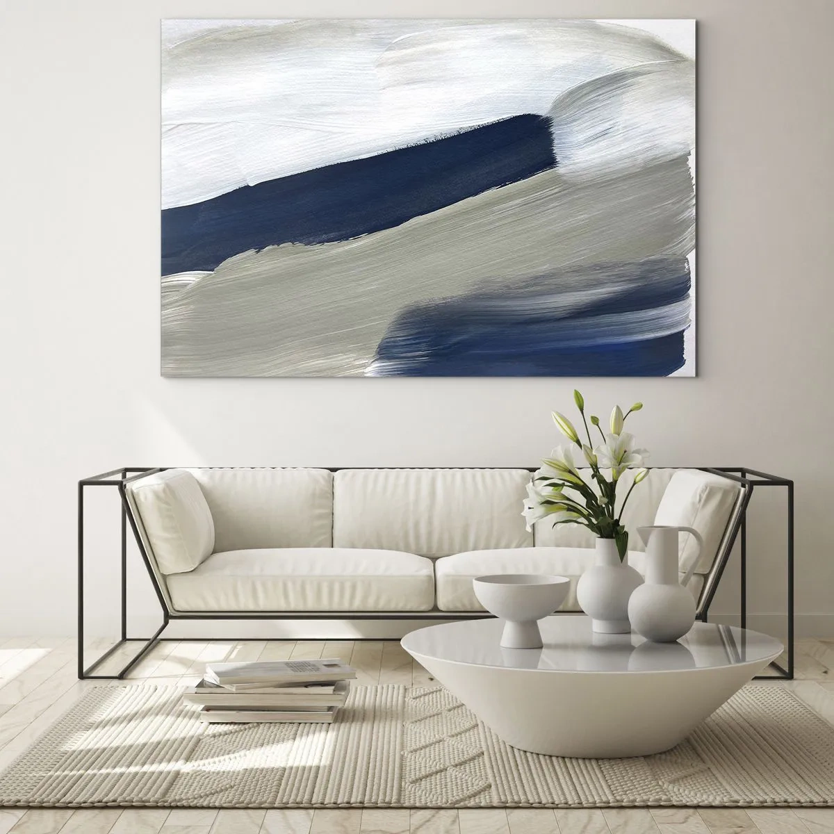 Glass picture - Minimalist abstraction with dynamic strokes of white, navy blue and gray. - 70x50cm - Encounter with White - Modern wall decoration for the living room and bedroom ARTTOR