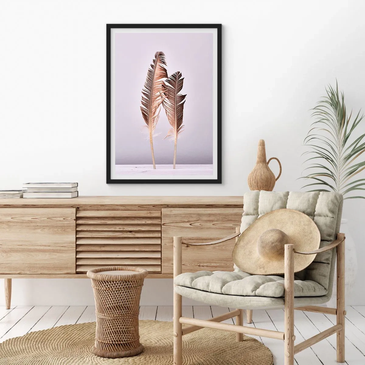 Poster in black frame - Two brown feathers on a light background in a minimalist style - 50x70cm - Against Nothingness - Modern wall decoration for the living room and bedroom ARTTOR