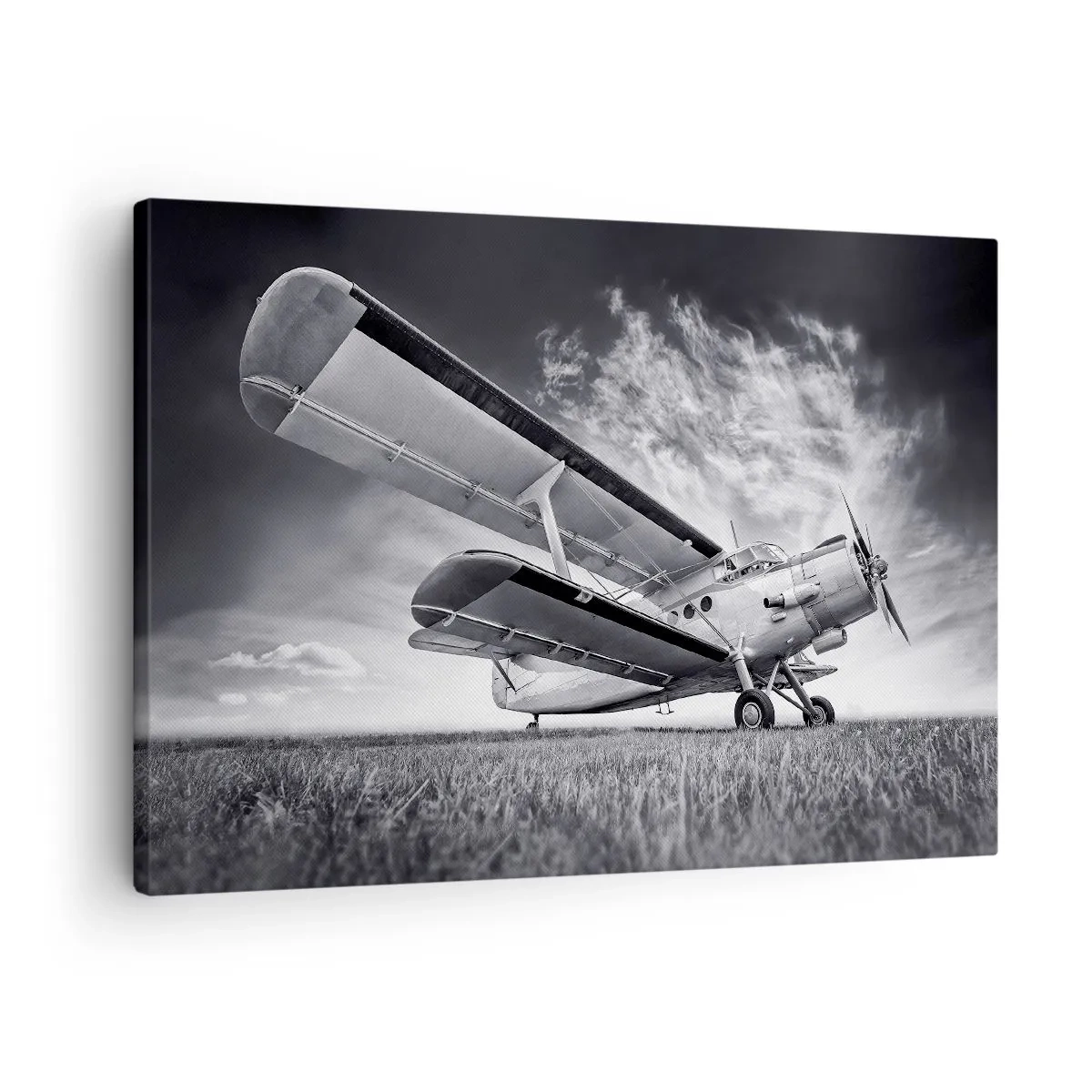 Canvas picture - A plane against a dramatic sky in black and white - 70x50cm - Winged Pilgrim - Modern wall decoration for the living room and bedroom ARTTOR