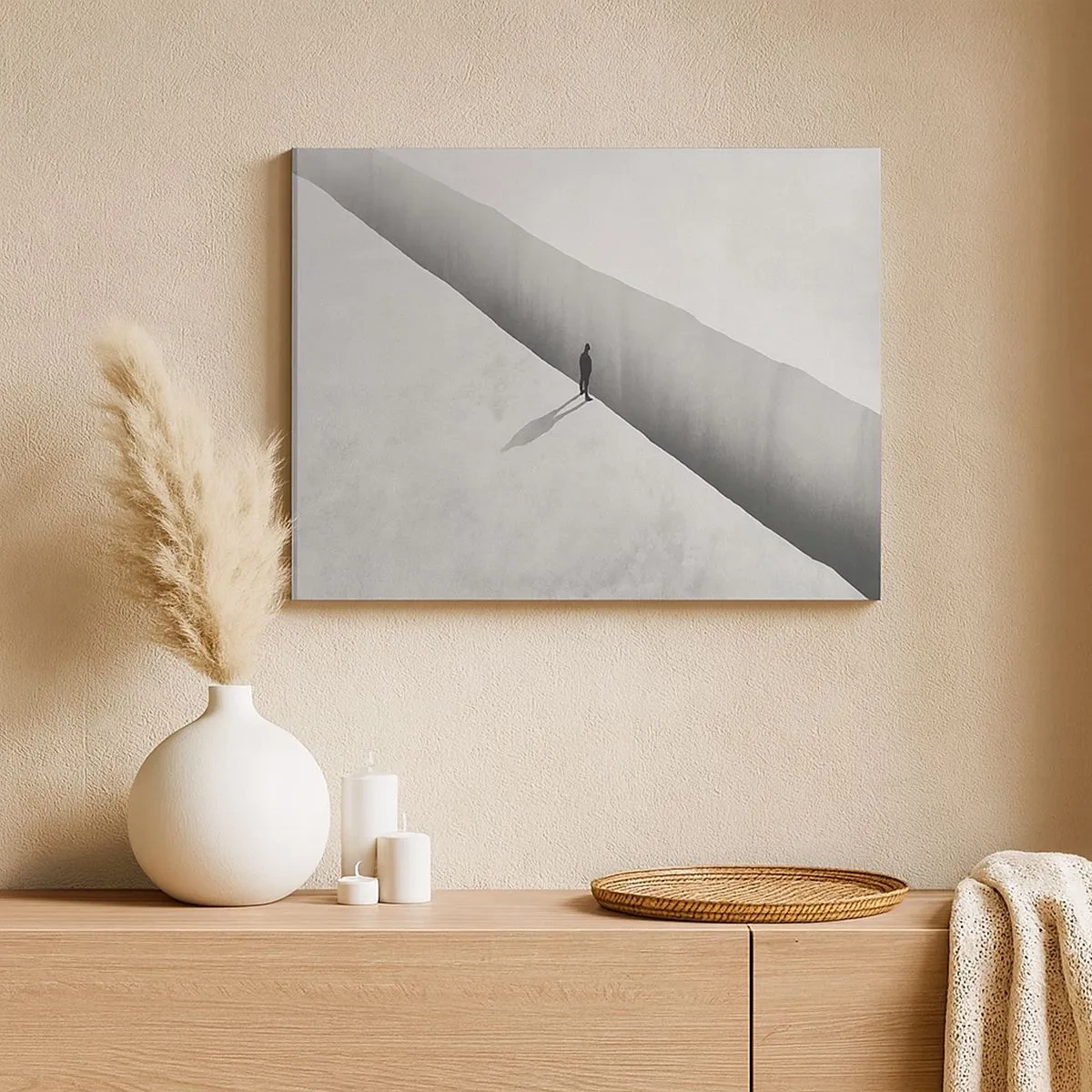 Canvas picture - A lone figure stands over a deep chasm in a monochromatic setting. - 70x50cm - Clear Goal - Modern wall decoration for the living room and bedroom ARTTOR