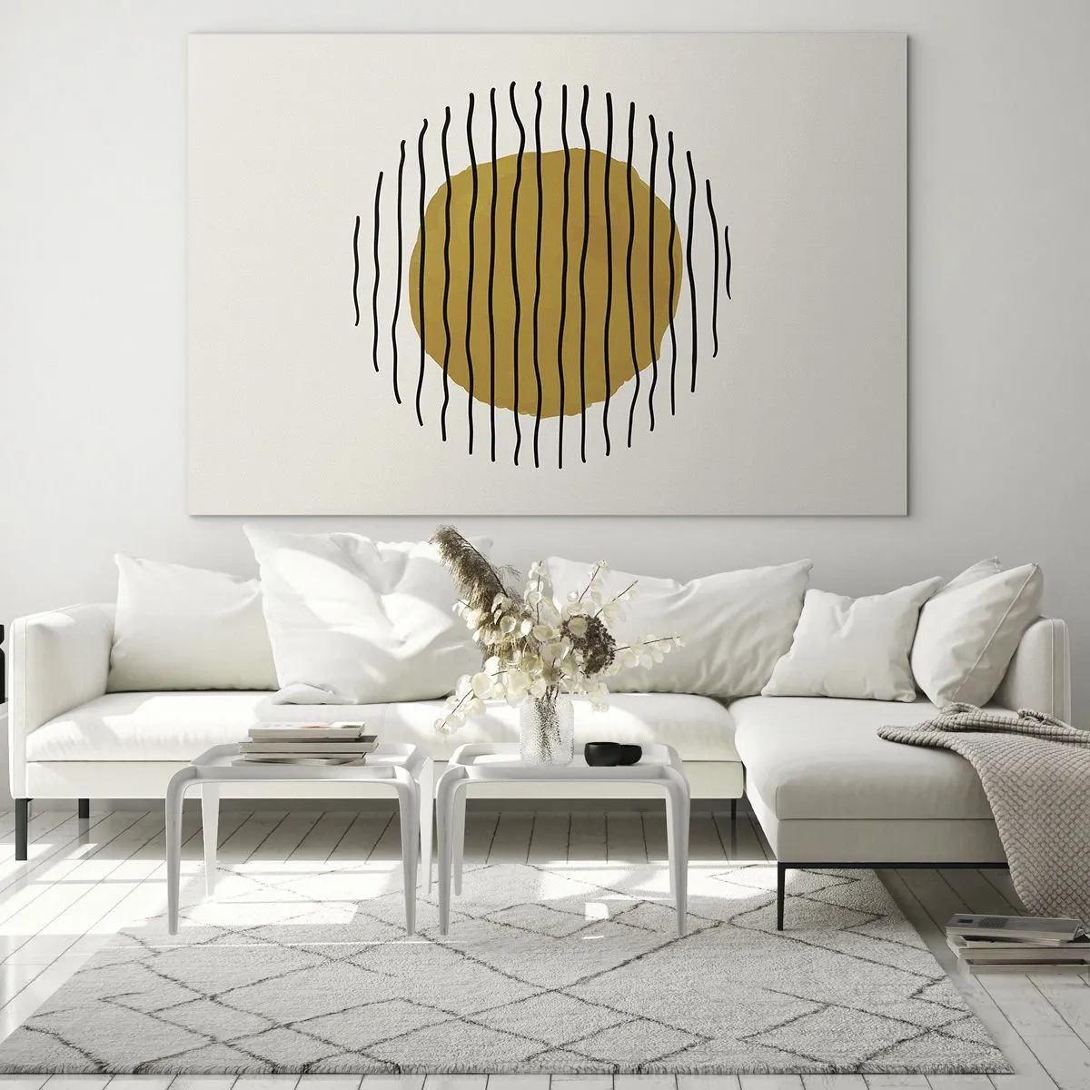 Glass picture - A minimalist composition with a yellow circle and black lines. - 70x50cm - Abstract Shivering from Heat - Modern wall decoration for the living room and bedroom ARTTOR