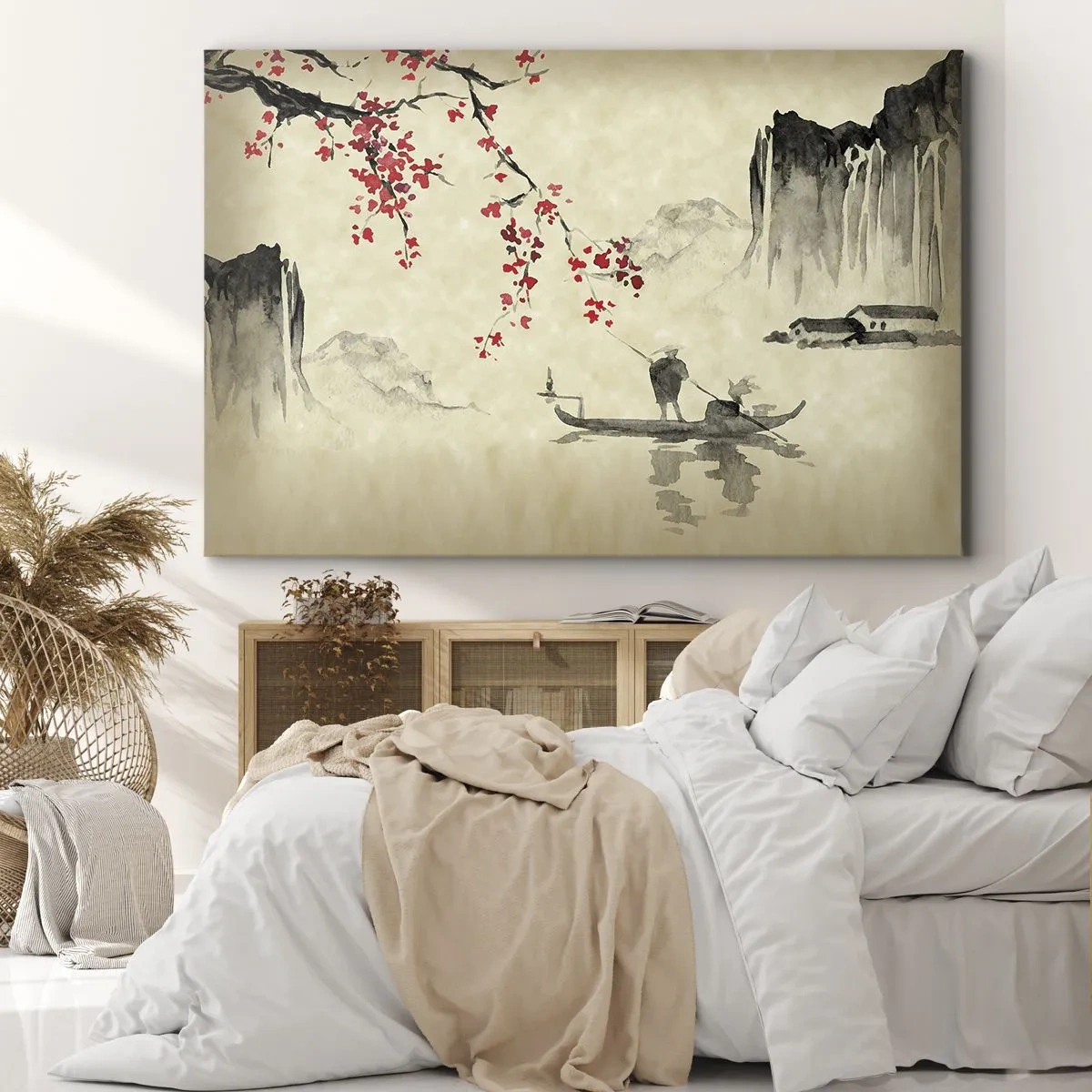 Canvas picture - Oriental illustration with a boat and a flowering branch - 70x50cm - In Cherry Blossom Country - Modern wall decoration for the living room and bedroom ARTTOR