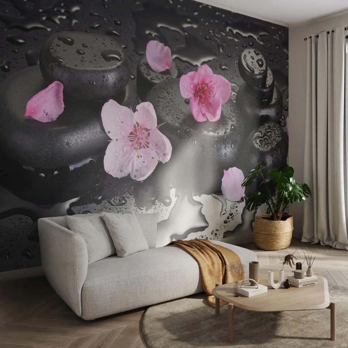 Custom Self-Adhesive Wallpaper Deluxe Sticker - Black Zen Stones - Flowers, Asia, Spa
