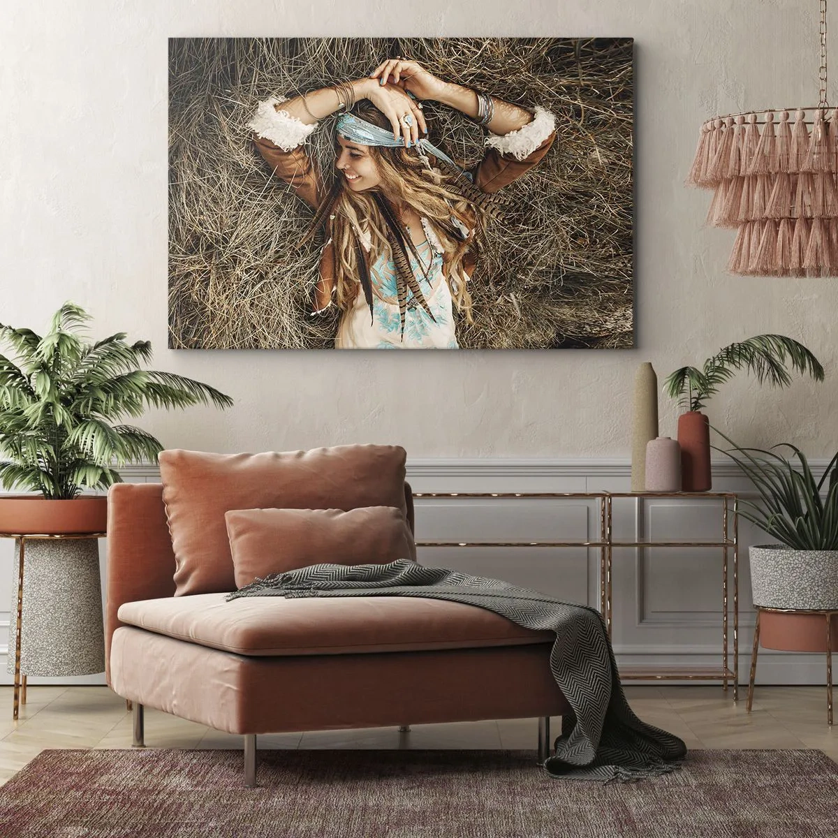 Canvas picture - Boho style woman lying on hay - 70x50cm - On the Way to the Summer of Love - Modern wall decoration for the living room and bedroom ARTTOR