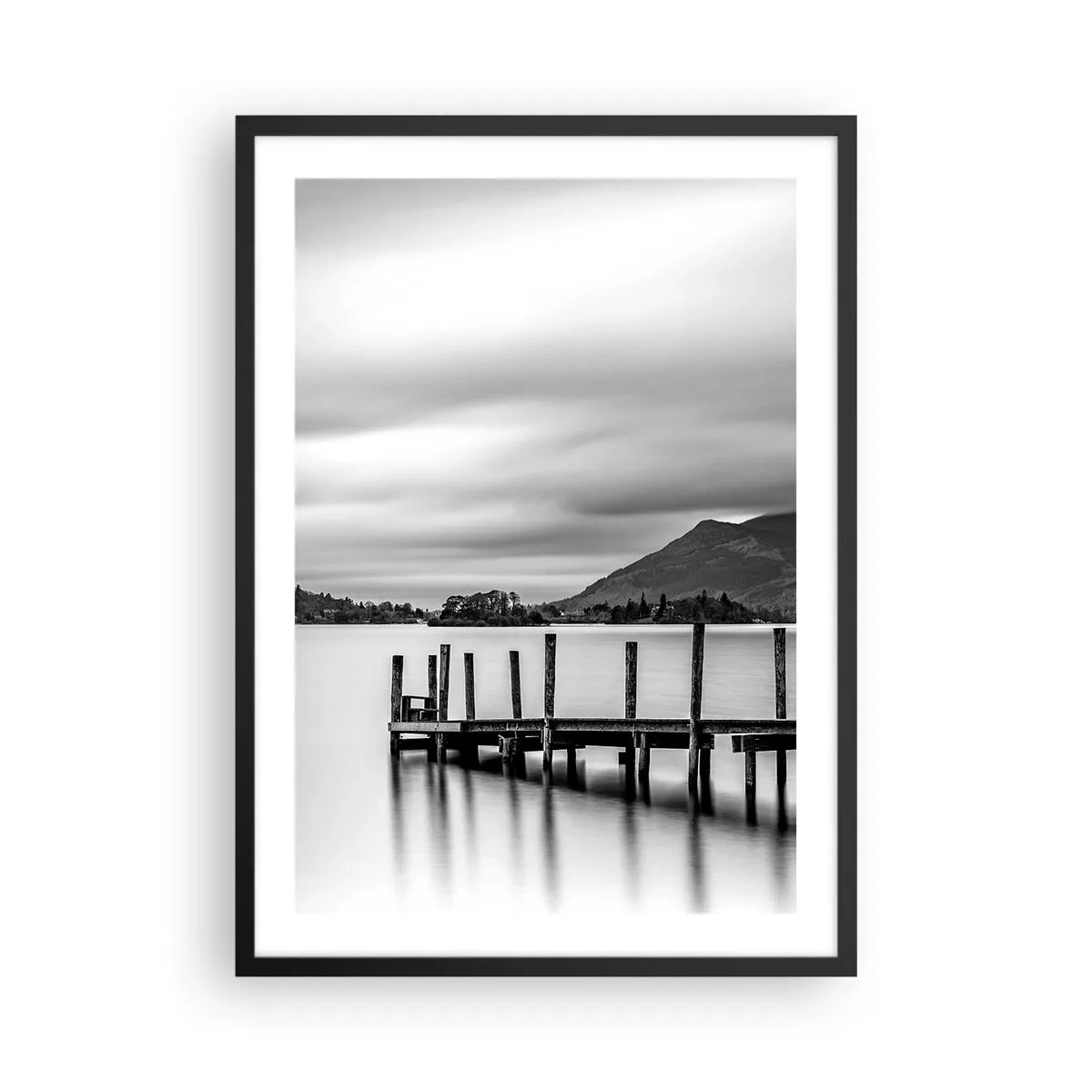Poster in black frame - Black and white scene with a lake, a pier, and mountains - 50x70cm - Tranquility and Power - Modern wall decoration for the living room and bedroom ARTTOR