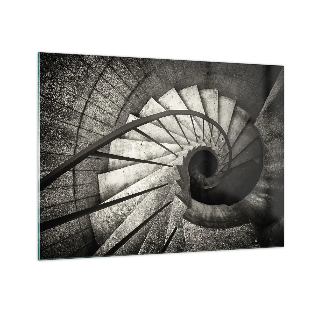 Glass picture - A black and white spiral staircase from a bird's eye view - 70x50cm - Up the Stairs and Down the Stairs - Modern wall decoration for the living room and bedroom ARTTOR
