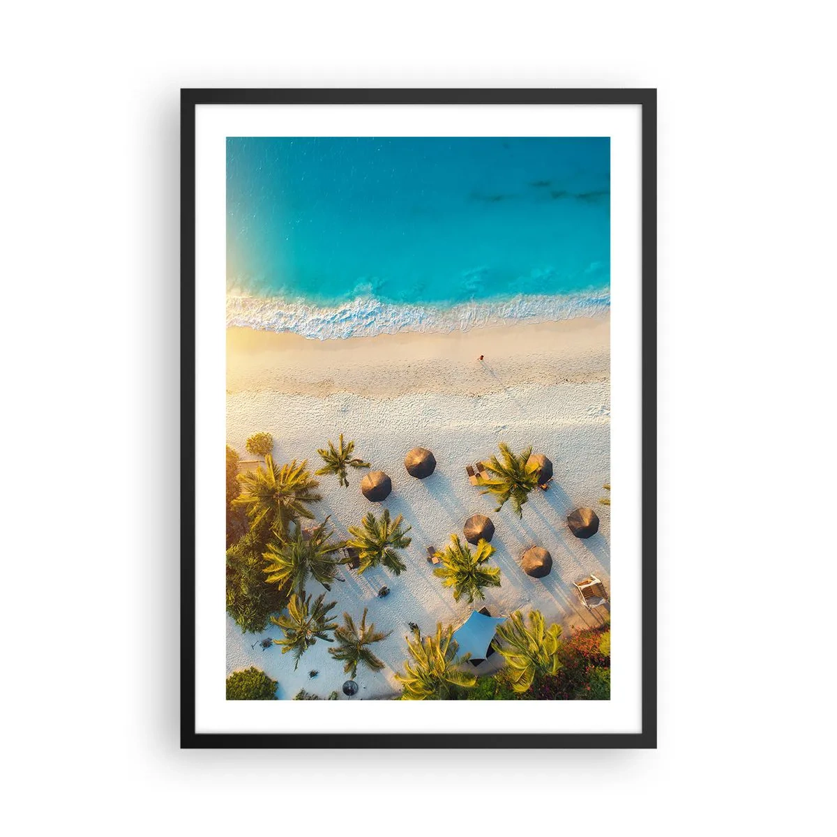 Poster in black frame - Aerial view of a paradise beach with palm trees and turquoise water - 50x70cm - Welcome to Paradise - Modern wall decoration for the living room and bedroom ARTTOR