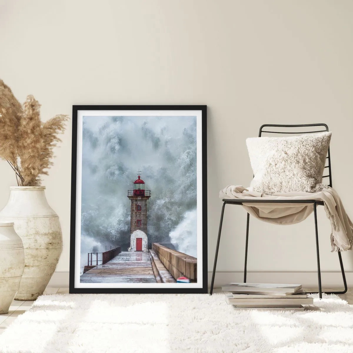 Poster in black frame - A lighthouse surrounded by powerful waves during a storm - 50x70cm - Roar of Waters, Whirr of the Wind - Modern wall decoration for the living room and bedroom ARTTOR