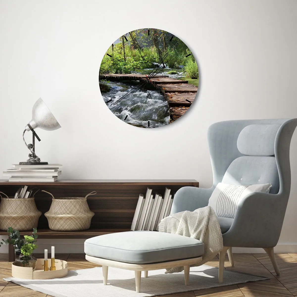 Wall clock - Clock on glass - A wooden bridge over a rushing stream surrounded by greenery - 30x30cm - By the Foamy Cascade - Modern wall decoration for the living room, kitchen, and bedroom ARTTOR