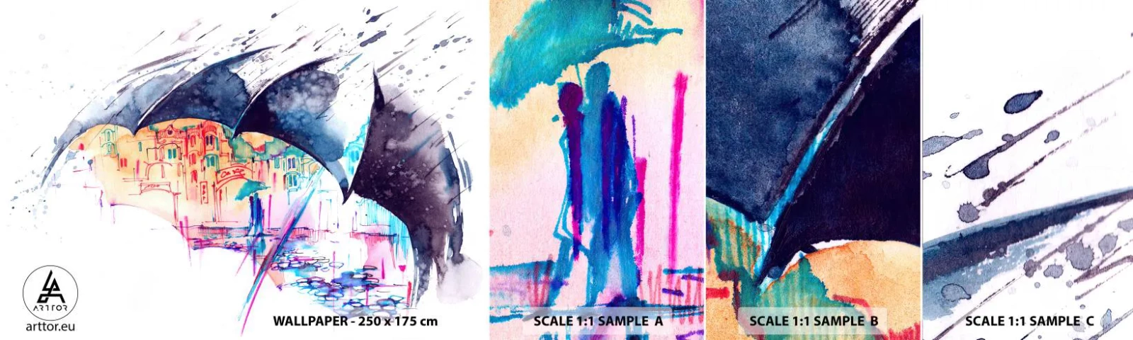 Photo Wallpaper Sample Self-Adhesive Deluxe Sticker - Walk in the Rain - Abstraction, Umbrella, Architecture - 100x30 cm