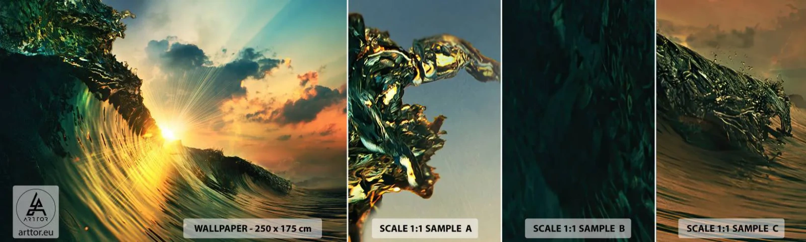 Photo Wallpaper Sample Standard Eco - Surfer, Where Are You? - Sea wave, Rays of the sun, Nature - 100x30 cm