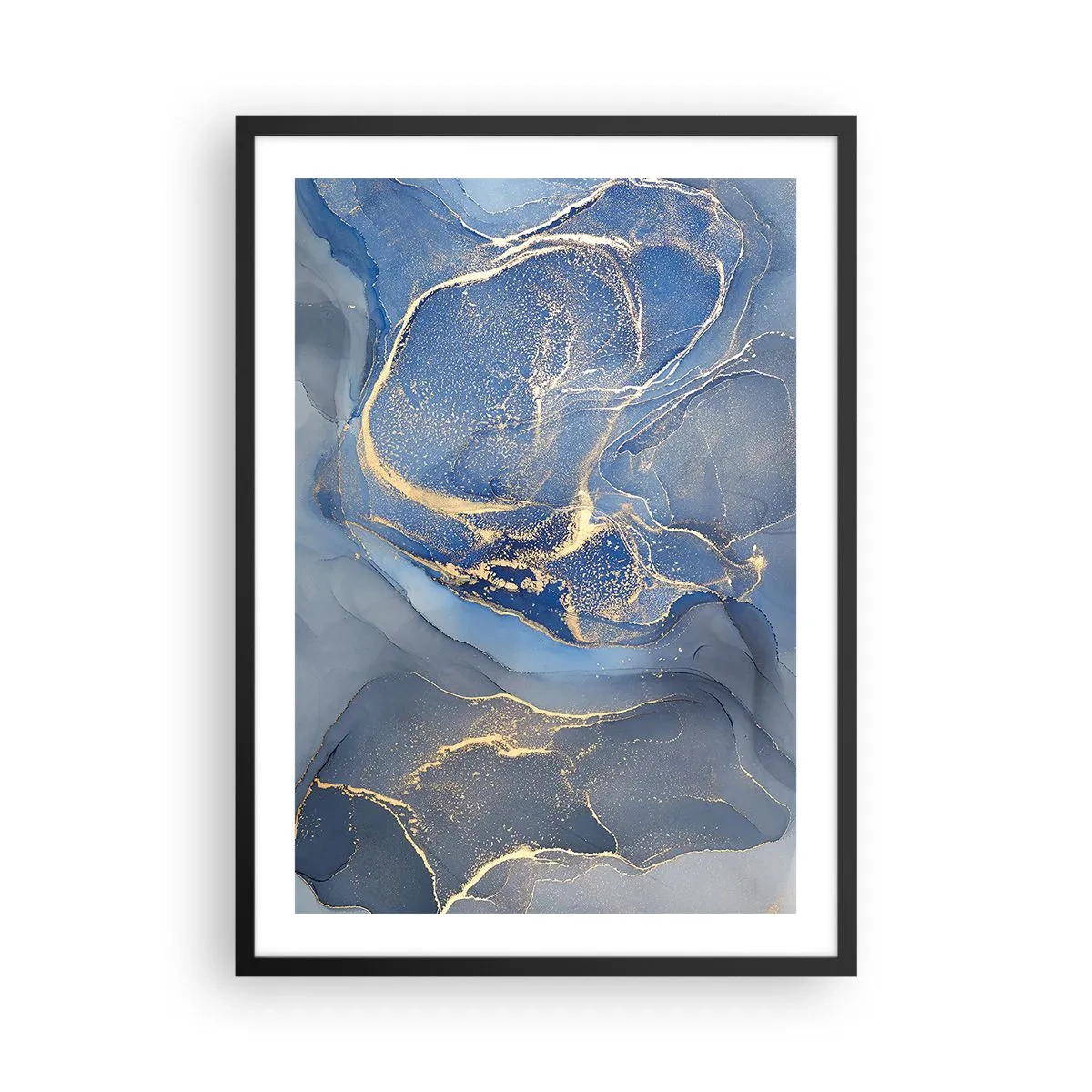 Poster in black frame - Abstract spots in shades of blue and gold - 50x70cm - Gold Dust - Modern wall decoration for the living room and bedroom ARTTOR