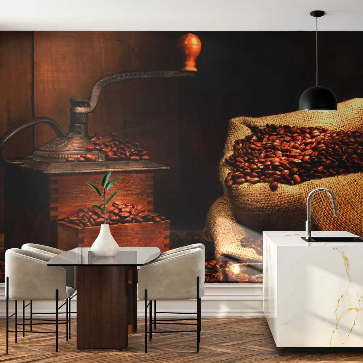 Photo Wallpaper Premium Sand - Still Life with Coffee Grains and a Grinder - Gastronomy, Coffee, Coffee grinder - 350x256 cm