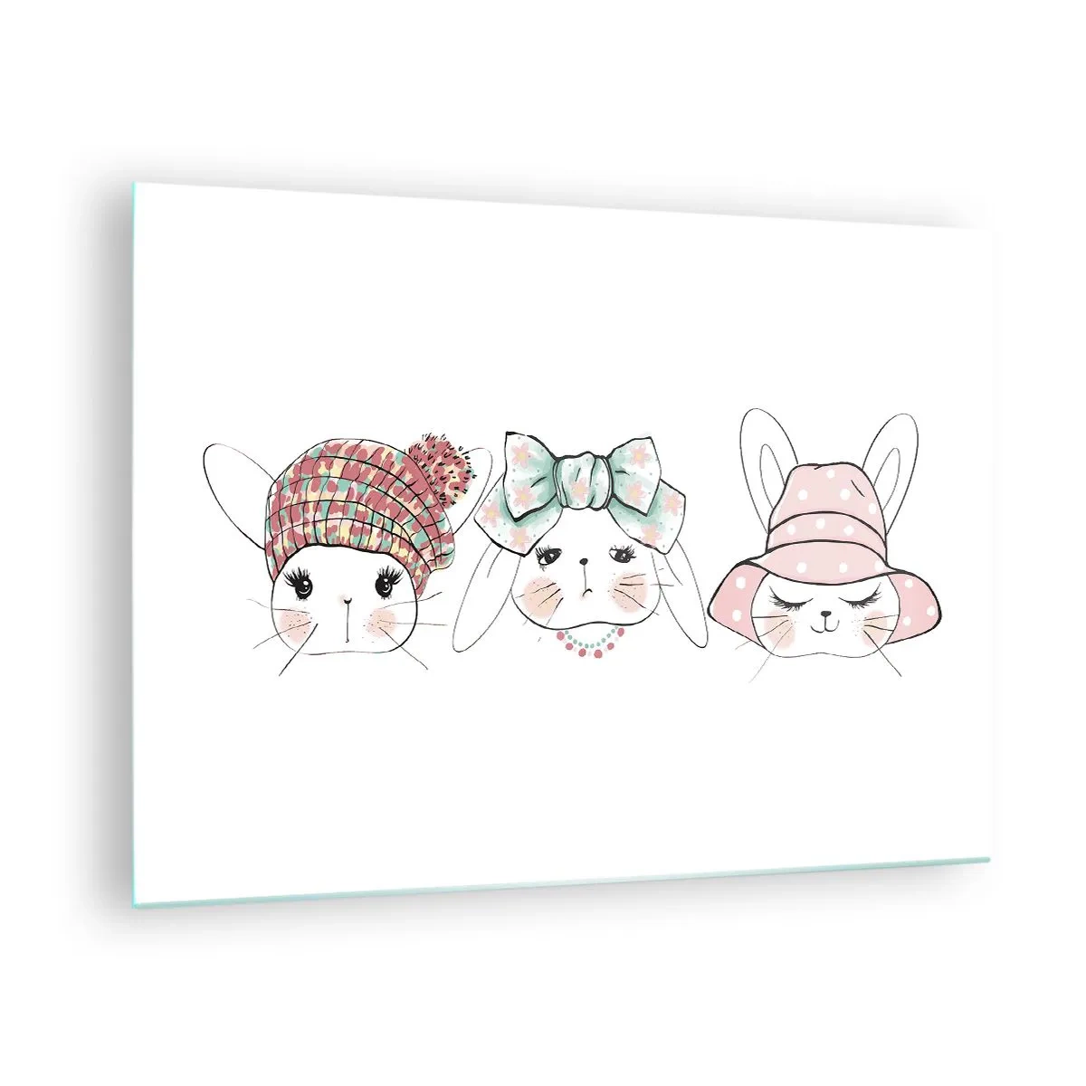 Glass picture - Cute bunnies in hats and bows - 70x50cm - Pensive Sad Cheerful - Modern wall decoration for the living room and bedroom ARTTOR