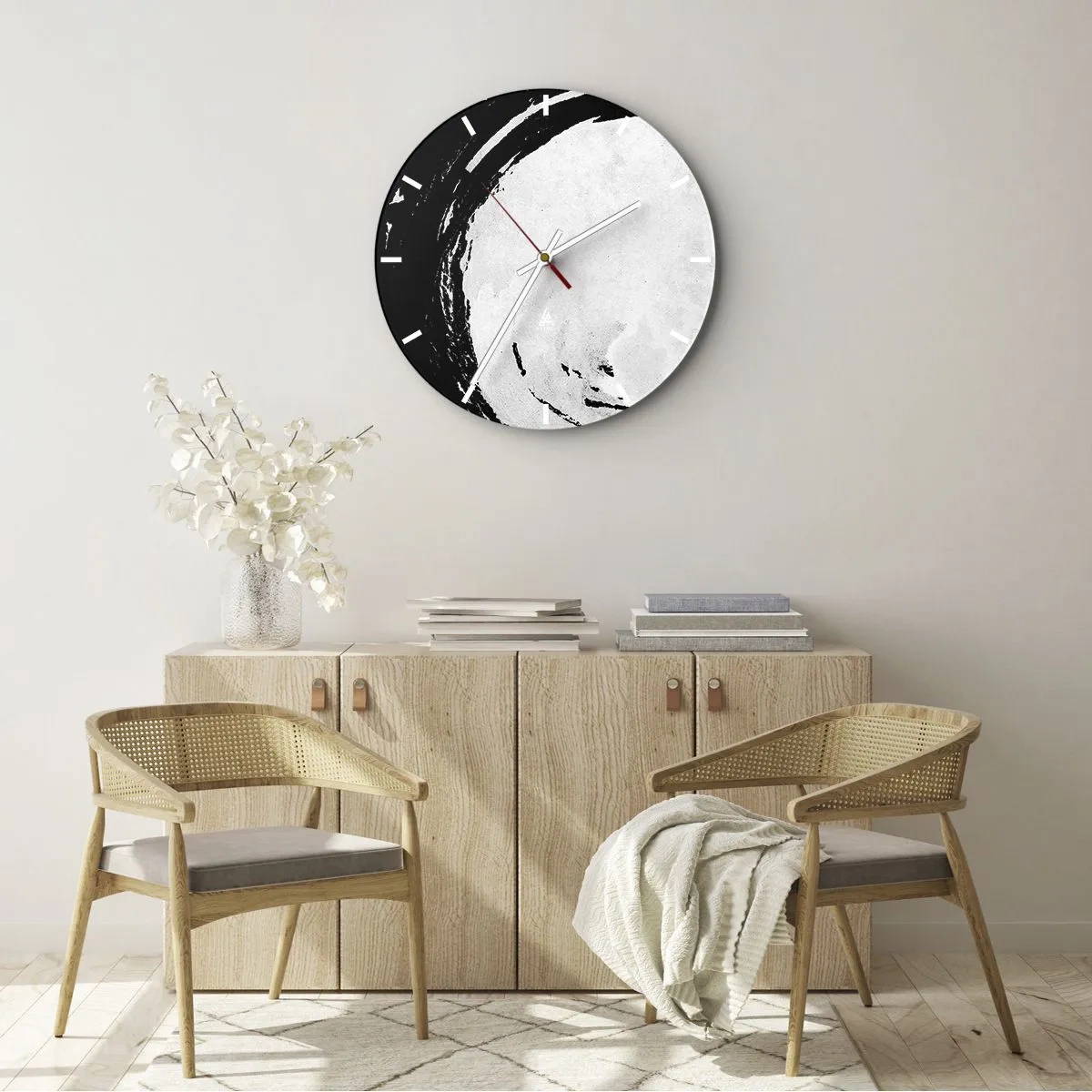 Wall clock - Clock on glass - White brush circle on black background in zen style - 30x30cm - Good Solution - Modern wall decoration for the living room, kitchen, and bedroom ARTTOR