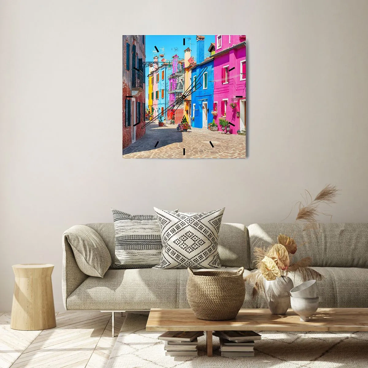 Wall clock - Clock on glass - Town Bursting with Colours - 40x40 cm