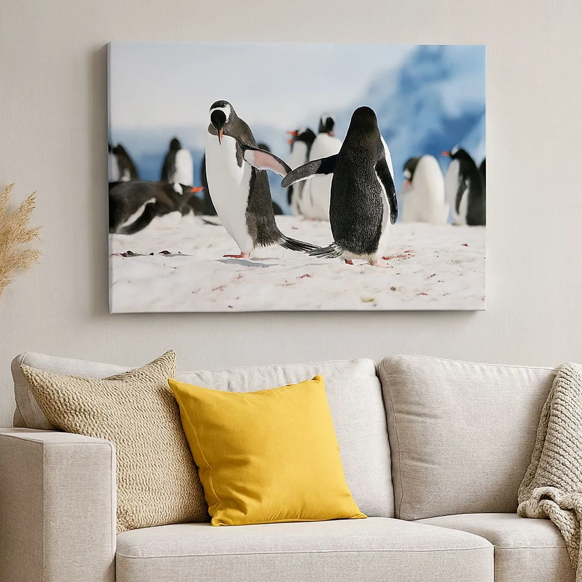 Canvas picture - A group of penguins in the snow in an Antarctic landscape - 70x50cm - Dance in the Snow - Modern wall decoration for the living room and bedroom ARTTOR