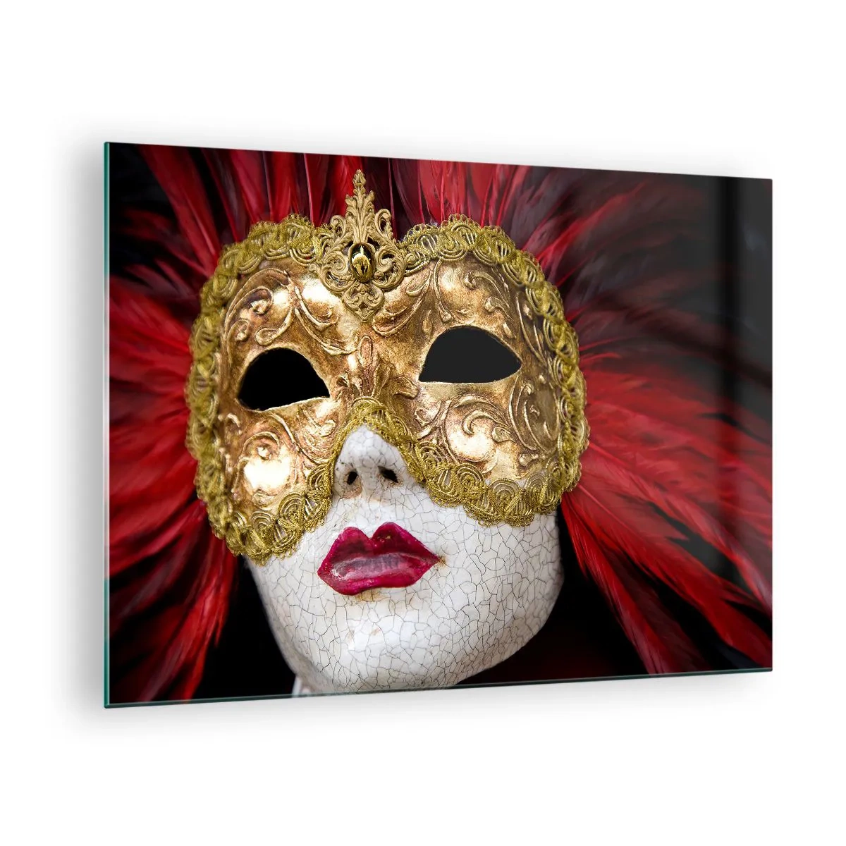 Glass picture - Gold carnival mask with red feathers - 70x50cm - Promise Of Carnival Adventure - Modern wall decoration for the living room and bedroom ARTTOR