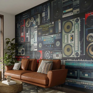 Photo Wallpaper Premium Canvas - Nostalgy for the 80-ies - Tape recorder, Music Amplifier, Vintage Musical Equipment - 450x315 cm