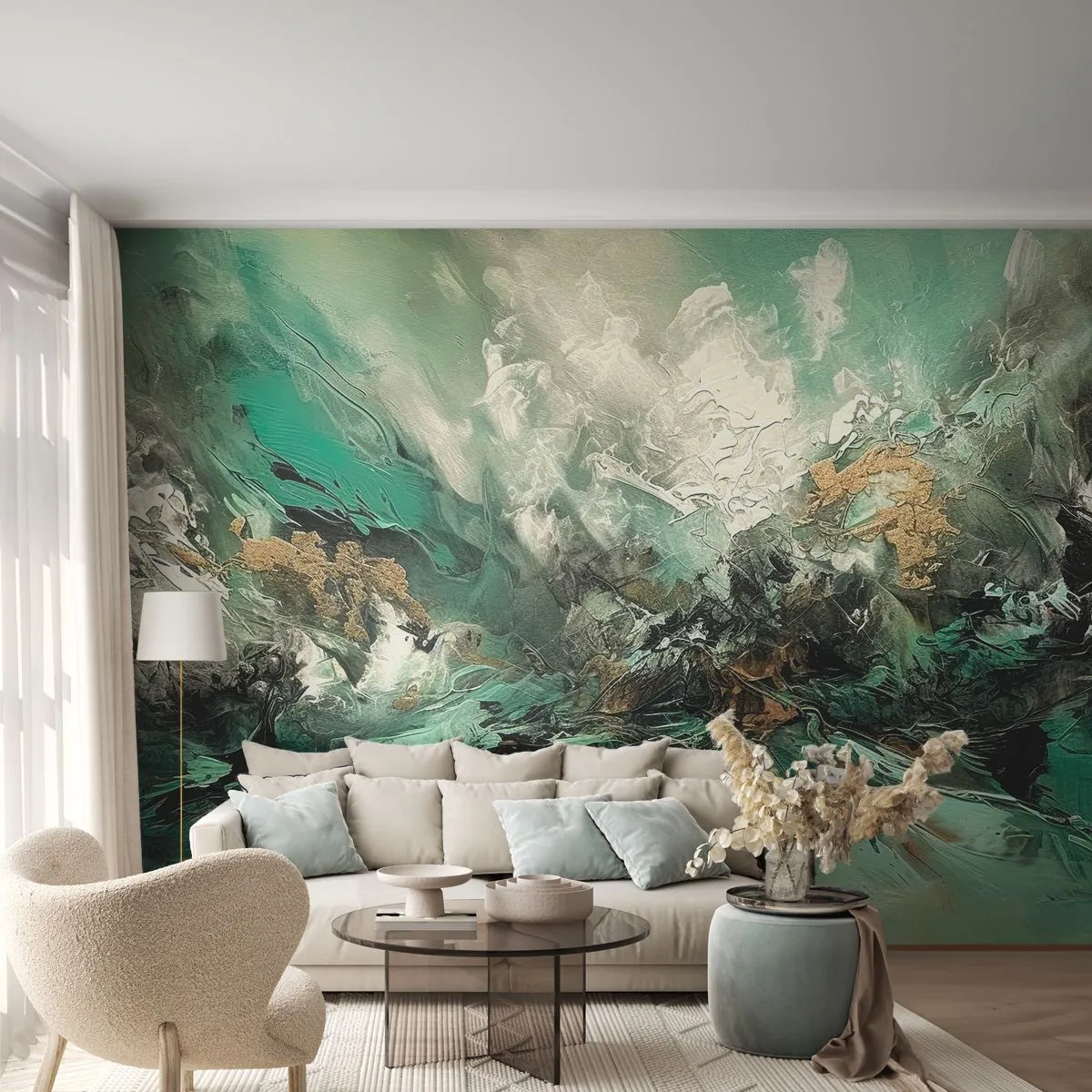 Self-Adhesive Photo Wallpaper Deluxe Sticker - Emerald and Black Lump - Abstraction, Piece, Paint - 350x256 cm