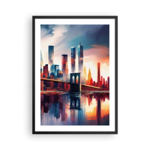 Poster in black frame - Panorama of the city with a bridge and reflection in the water - 50x70cm - Fabulous New York - Modern wall decoration for the living room and bedroom ARTTOR