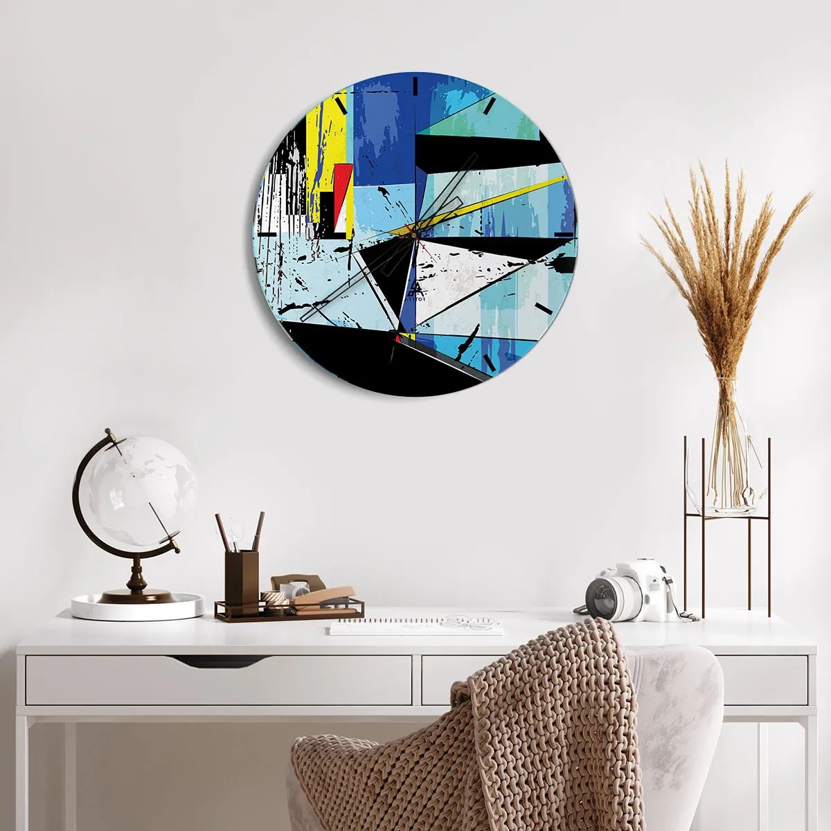 Wall clock - Clock on glass - Geometric abstraction in shades of blue and black - 30x30cm - Looking at the World at an Angle - Modern wall decoration for the living room, kitchen, and bedroom ARTTOR