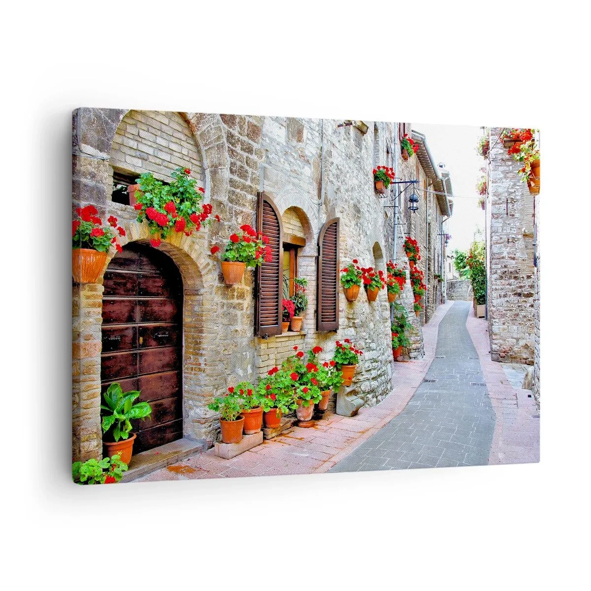Canvas picture - A narrow street with stone buildings decorated with flower pots - 70x50cm - Italian Style - Modern wall decoration for the living room and bedroom ARTTOR