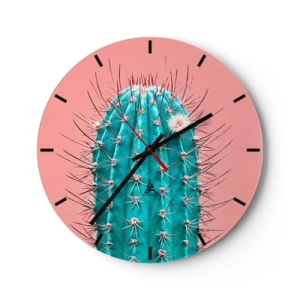 Wall clock - Clock on glass - Close-up of a turquoise cactus on a pink background - 30x30cm - Just Look - Modern wall decoration for the living room, kitchen, and bedroom ARTTOR