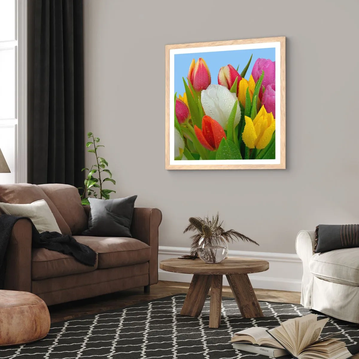Poster in light oak frame - Floral Rainbow in Dew Drops - 40x40 cm