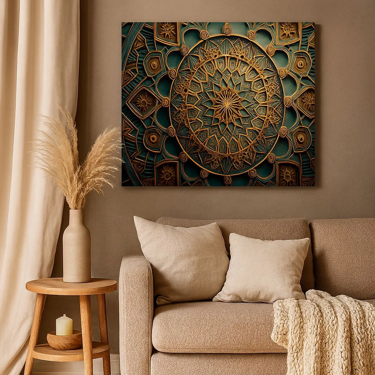 Canvas picture - A gold mandala on a turquoise background with rich details. - 70x50cm - In Arabic Style - Modern wall decoration for the living room and bedroom ARTTOR