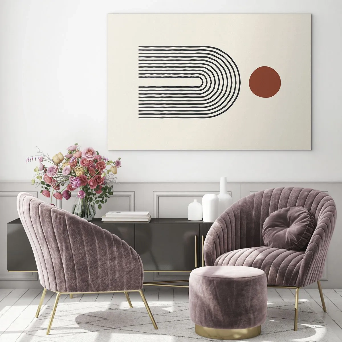 Glass picture - Graphic abstraction with lines and circles in a retro style - 70x50cm - Magnetism of Shapes and Colours - Modern wall decoration for the living room and bedroom ARTTOR
