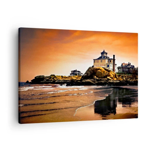 Canvas picture - A house on a rock by the beach at sunset with its reflection in the water - 70x50cm - Elegance of a West Coast - Modern wall decoration for the living room and bedroom ARTTOR