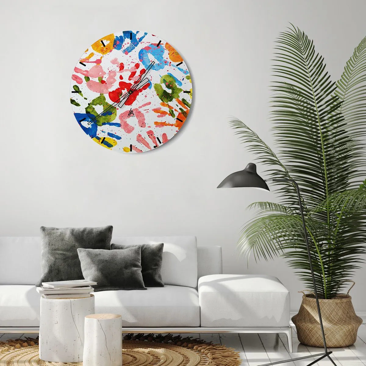 Wall clock - Clock on glass - Colorful handprints on a white background - 30x30cm - High Five! - Modern wall decoration for the living room, kitchen, and bedroom ARTTOR