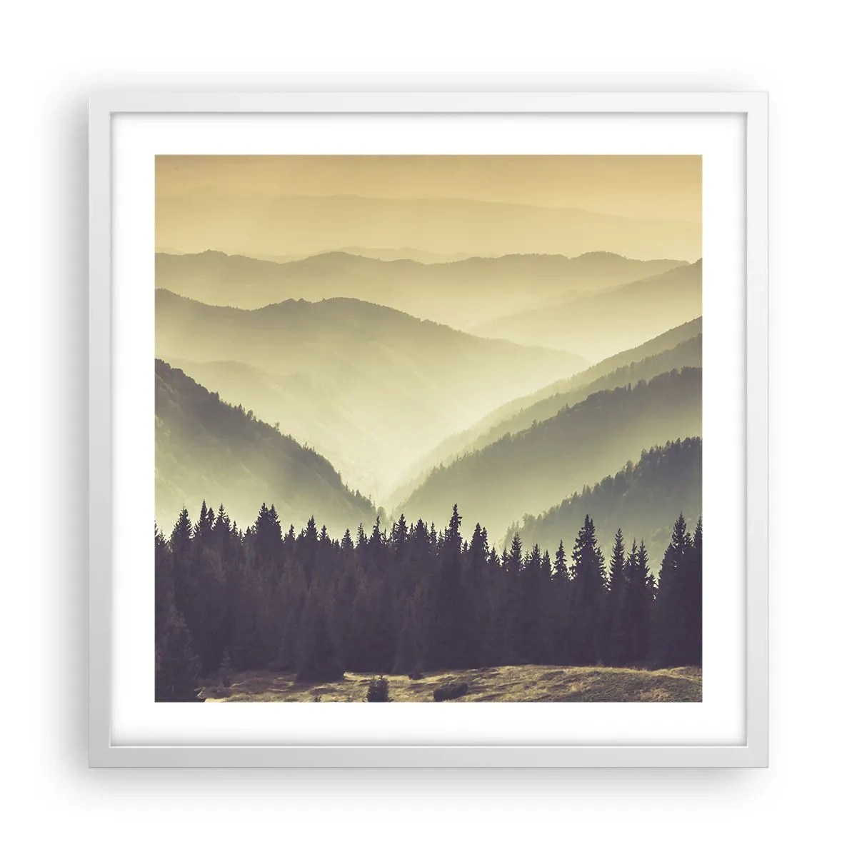 Poster in white frmae - In a Faraway Land, Past the Mountains - 50x50 cm
