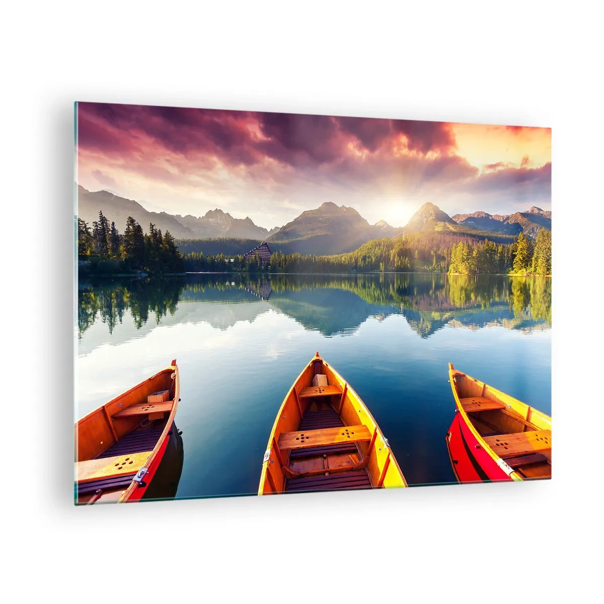 Glass picture - Three wooden boats on a lake with a view of the mountains at sunset - 70x50cm - Nothing against Nature - Modern wall decoration for the living room and bedroom ARTTOR